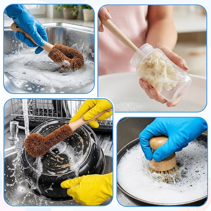 9pcs Bamboo Dish Brush Set Wooden Dish Brush with 14’’ Bottle Brush Natural Kitchen Scrub Brush Dish Scrubber for Kitchen Cleaning Dishes Pans Bottles Sink Vegetables Household