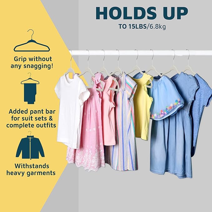 Ivory Velvet Kids Hangers 50 Pack, 10.83" Non-Slip Baby & Toddler Hangers for Clothes, Space-Saving Slim ABS Plastic with 360° Swivel Hook & Notched Shoulders, Up to 10 lb Capacity