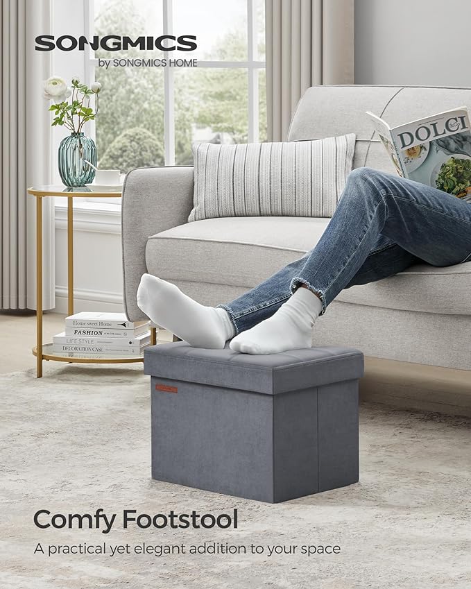 SONGMICS Storage Ottoman, Foldable Small Ottoman Foot Rest, 12.2 x 16.1 Inches Foot Stool, Load up to 286 lb, for Living Room, Bedroom, Dorm, Slate Gray ULSF200G01