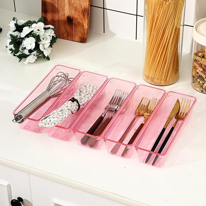 Maitys 12 Pcs Clear Drawer Organizer 9 x 3 x 2 Inches Plastic Rectangle Trays Makeup Vanity Storage Bins and Kitchen Drawers Dividers for Office Desk Silverware Kitchen Utensils(Pink)