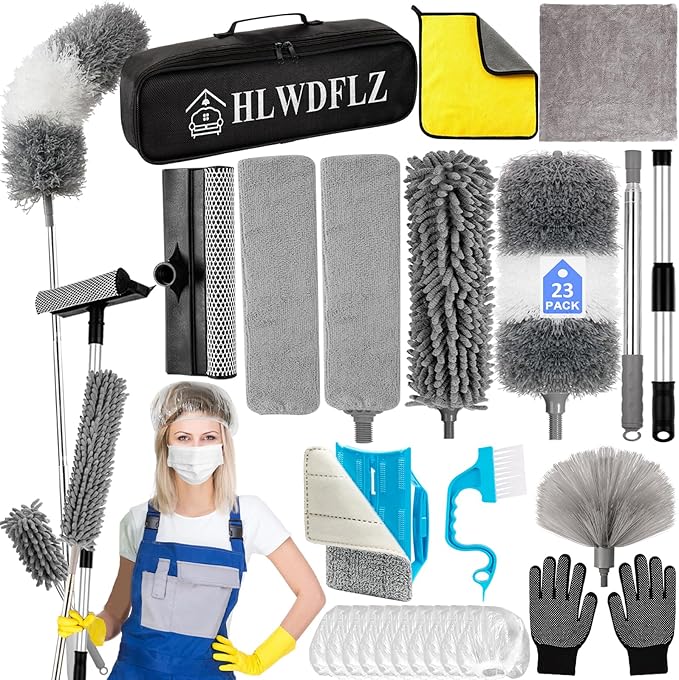 Microfiber Duster Kit 23pcs with 30 to 100 Inches Extension Pole and Extendable Window Squeegee, Washable and Bendable Feather Duster for Cleaning Ceiling Fans, High Ceilings, Cobwebs, Blinds