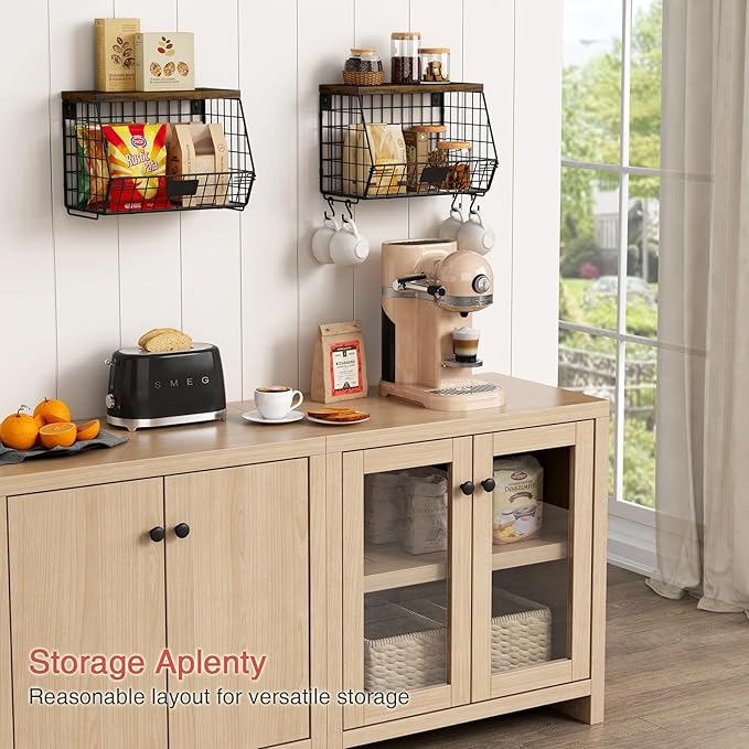 Hanging Wall Fruit Basket for Kitchen Counter 2 Pack, Stackable Wire Baskets for Organizing with Wood Lid, Potato and Onion Storage Bin with Banana Hook for Vegetable Produce, Black + Rustic