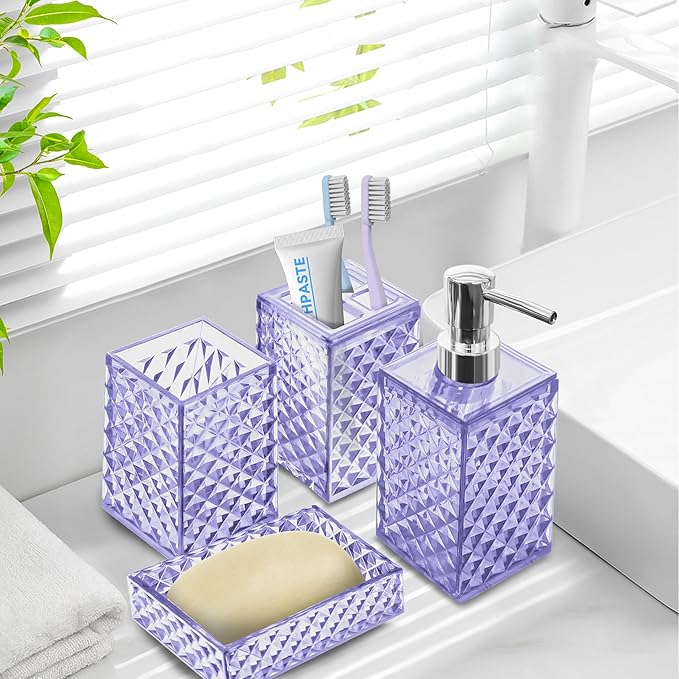 Bathroom Accessory Set, 4 PCS Light Purple Bathroom Accessories Set, Soap Dispenser and Toothbrush Holder Set, Soap Dish and Mouthwash Cup, Boho Bathroom Decor, Bathroom Sets Accessories