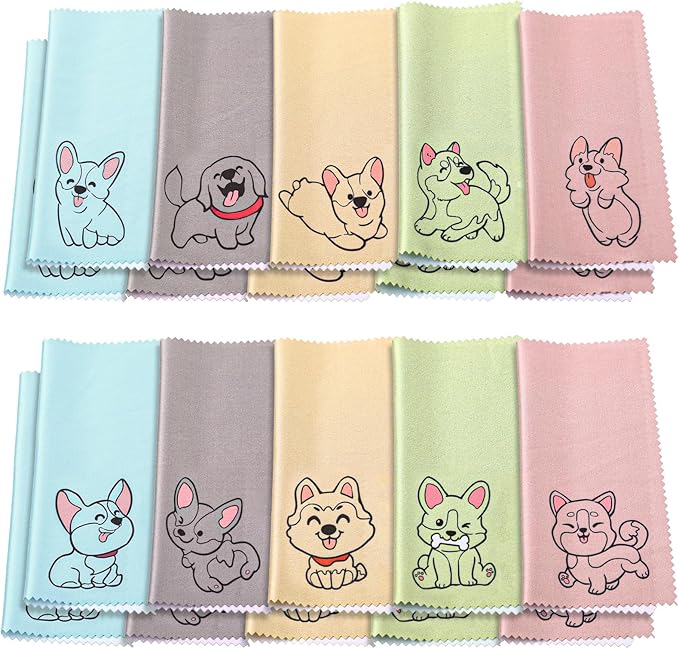 WILLBOND 20 Pcs Microfiber Cleaning Cloth Cute Dog Design Microfiber Cloth Soft Multicolor Glasses Cleaner Cloth for Eyeglasses Camera Lens Cell Phone Screens Glasses, 6 x 6 Inches