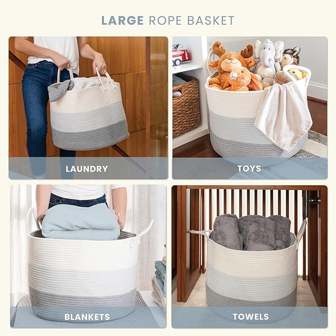 OrganiHaus Large Woven Storage Basket for Blankets and Toys 20" x 13" Inch, Rope Laundry Basket with Handles, Cushions & Pillows Storage Bin, Nursery Hamper, Soft Round Dog Toy Bin - Gray