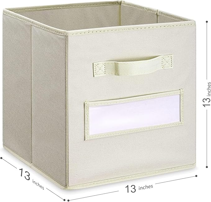 artsdi 13x13x13 storage cube bins (Set of 10) Fabric storage cubes with 10 Labels Window Cards & a Pen, storage cubes 13x13, Collapsible 13 inch cube storage bins, Cubby Organizer Boxes, Beige