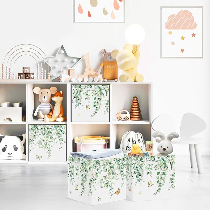 Clastyle 3 pcs Leaf Women Cube Storage Unit Bin with Metal Frame Foldable Kallax Box for Shelves Ladies Girls Closet Organizer Basket for Book Clothes Toy Organizer, Eucalyptus, 11.8x11.8x11.8 in