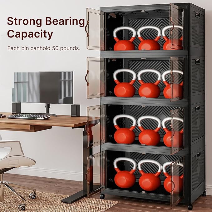 Extra Large Stackable Storage Bins with Lids & Wheels & Door,Foldable Collapsible Closet Organizers, Plastic containers drawers for bedroom Dorm (Dark-160qt, 4Pack with 1 top lid)