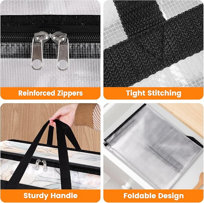 BlissTotes 4 Pack Clear Clothes Storage Bags, Moving Bags, Foldable Blanket Storage Under Bed Storage Containers with Sturdy Zipper and Handle for Clothing, Comforter, Bedding, Sheet (60L)