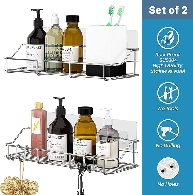 KESOL Adhesive Shower Caddy Shower Shelf Organizer for Bathroom Organization with Hooks, SUS304 Stainless Steel, 2 Pack (Silver)