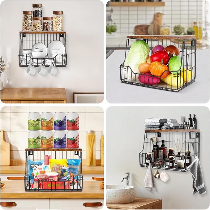 Livabber Fruit Basket for Kitchen, Metal Fruit Vegetable Storage Bin with 2 Banana Hangers, Countertop Wire Basket Organizer for Snack Potato Onion, Screw Mounted or Stand (Black, 1 Pack)