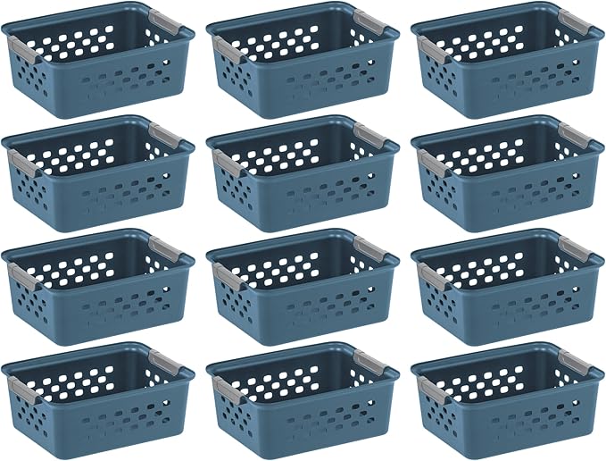 IRIS USA Plastic Storage Basket, 12-Pack, Small, Shelf Basket Storage Organizer for Pantry, Cabinet, Bedroom, Closet, Laundry Room, Eco-Friendly, Navy
