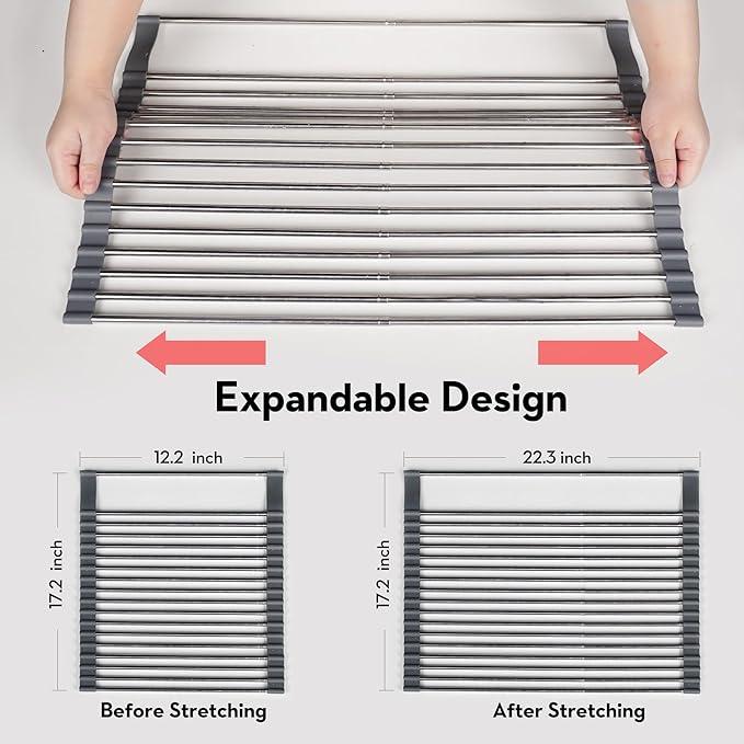 Roll Up Dish Drying Rack Over The Sink, 304 Stainless Stee Dish Drainer, Foldable & Adjustable Sink Drying Rack for Kitchen Sink Counter with Utensil Holder (Gray, Roll Up,Medium,Expandable)