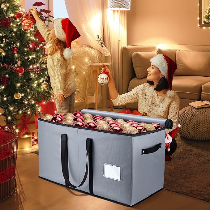 Mrrihand Christmas Ornament Storage Box, Ornament Storage Container with 8 Trays-Xmas Decoration Organizer Keeps 128 Holiday Ornaments 3-Inch, Dual Zipper Closure, 600D Tear-Proof（Grey）