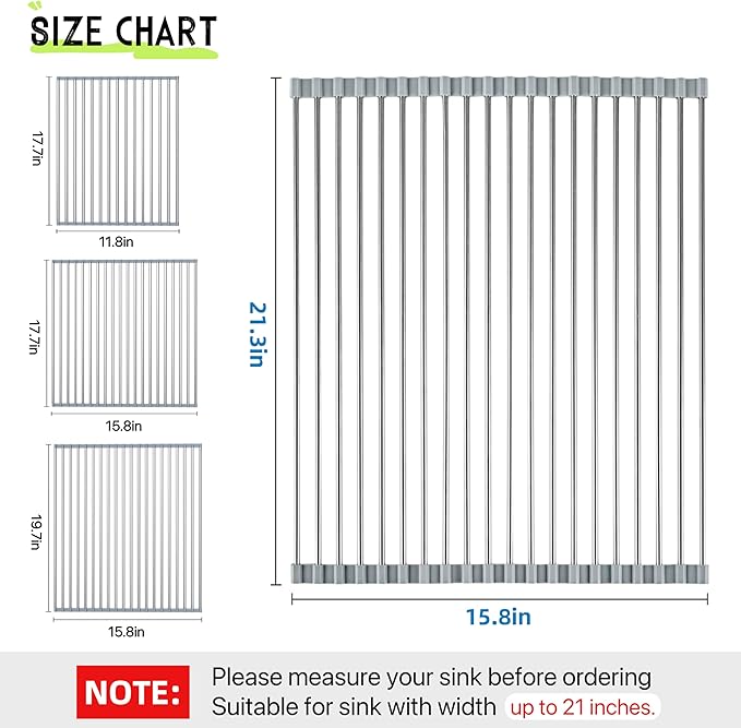 Roll Up Dish Drying Rack, 21.3" x 15.8" Over The Sink Dish Drying Rack, Kitchen Dish Rack Foldable Dish Drainer, Stainless Steel Dish Drying Rack for Kitchen Sink Counter Storage (Grey)