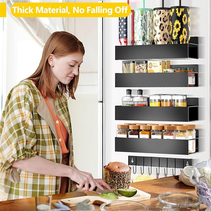 Magnetic Spice Rack for Refrigerator Seasoning Organizer for Spice Fridge Shelf storage Magnetic Shelf with Hook for Oven (4pack1hook-Black)
