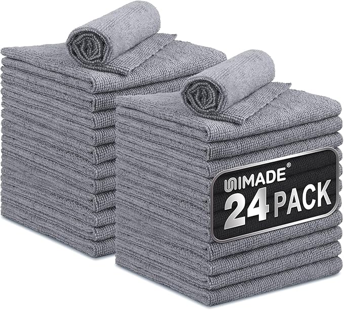 Microfiber Cleaning Cloth, 24 Pack Reusable Microfiber Towels for Cars Lint Free Cleaning Shop Towel Rags for Home Kitchen Automotive Bar Mechanic Restaurant Garage, 11"x 12", Grey