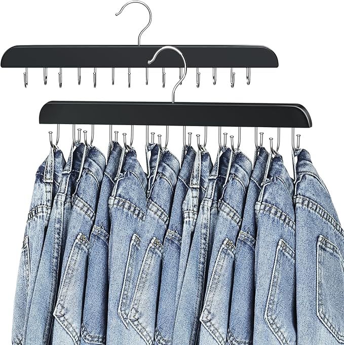 Jean Hangers for Closet, 14 Wood Jeans Hooks Space Saving, 180° Rotating Jean Hangers for Skirts/Shorts/Belts/Ties, Closet Organizers and Storage, Pants Hooks for Jeans, 2 Pack, Black