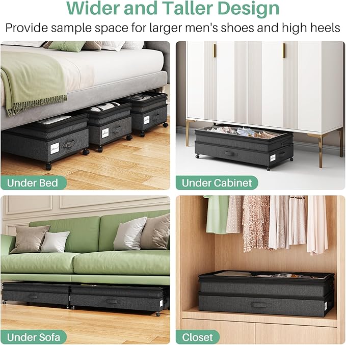 Kitstorack 4 Pack Height-adjustable Under Bed Storage with Wheels, Under Bed Storage Containers,Under Bed Shoe Storage Organizer with Clear Window&Label, Suitable for Clothes Storage, Black