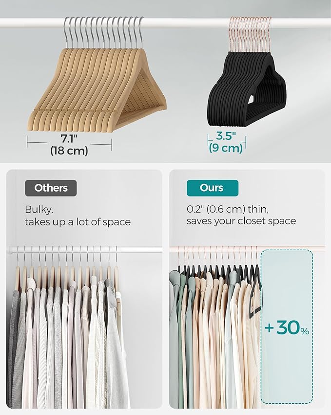 SONGMICS Slim Velvet Hangers, Non-Slip Clothes Hangers with Rose Gold Swivel Hooks, Space-Saving, for Closet, 50 Pack, Black UCRF026B50
