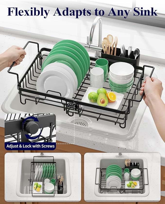 Kitsure Dish Drying Rack – Expandable in-Sink or Over-Sink Dish Rack for Kitchen Counter, Rust-Resistant Metal Dish Strainer with Cutlery Holder, 10.82"-17.12" L x 11.02" W x 3.93" H, Black
