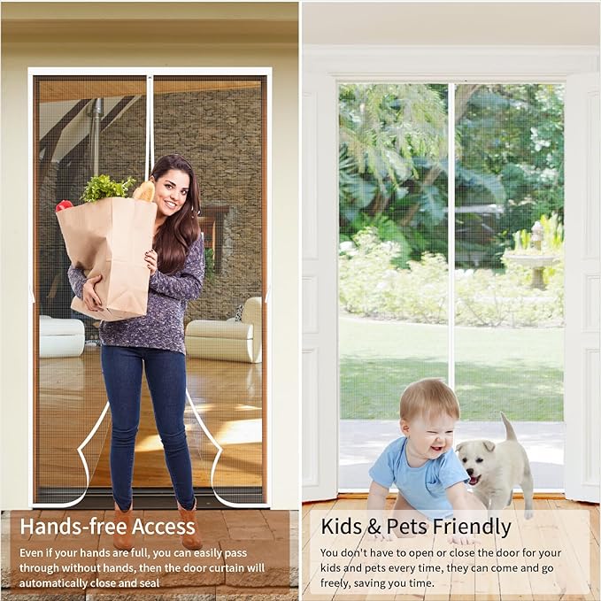 White Screen Door Mesh Magnetic Closure Heavy Duty 48 x 96 inch, Self Closing Fiberglass Mosquito Net with Magnet for Doors, Bug Fly Screens Curtain for Doorway, Keep Bugs Out, Pet Friendly