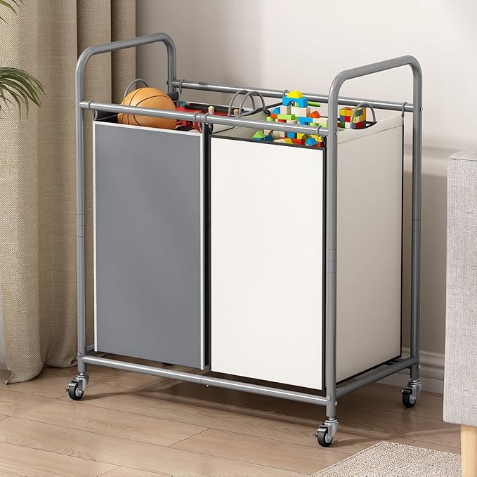 SUOERNUO Laundry Hamper Basket 2 Bag Laundry Sorter Cart with Rolling Lockable Wheels and Removable Bags Laundry Organizer Cart for Clothes Storage (Grey+Beige, 2 Bags)