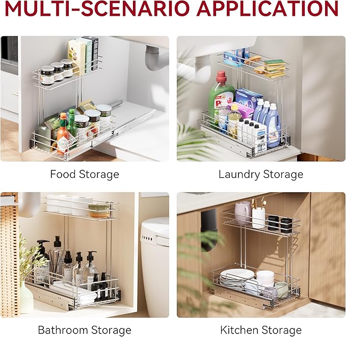 STORKING Under Sink Organizer 9" W X17 D, Pull Out Cabinet Organizer 2 Tier, Under Sink Slide Out Chrome Plated, Under Kitchen Bathroom Organizer, Pantry Cabinet Closet Organization Rack, 1 Pack