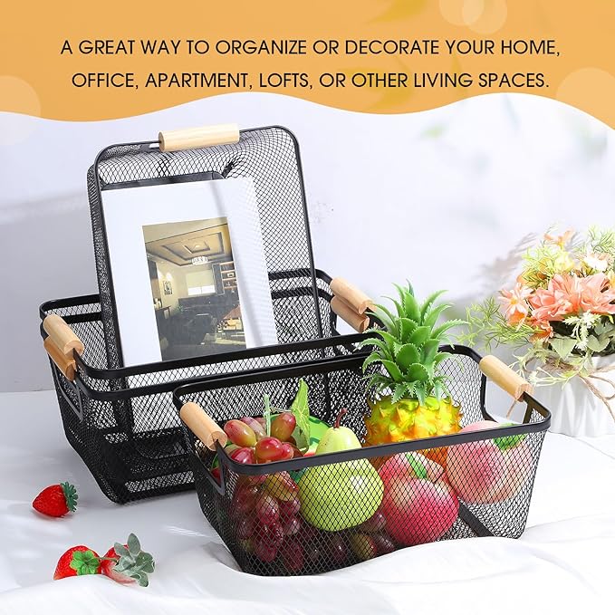 4 Pcs Metal Wire Basket with Wooden Handles Mesh Steel Storage Organizer Bin Containers for Home Organizing Cabinet Pantry Closet Kitchen Fridge Fruit Makeup Snacks Gifts(Medium,Black)