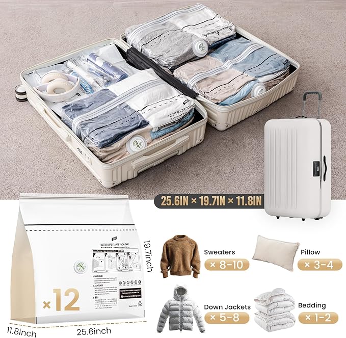 TAILI 12 Pack Cube Vacuum Storage Bags, Medium Size (25x19x11 inch), Vacuum Seal Bags for Clothing, Travel Compression Packing for Clothes, Blankets, Baby Clothes, Travel Accessories