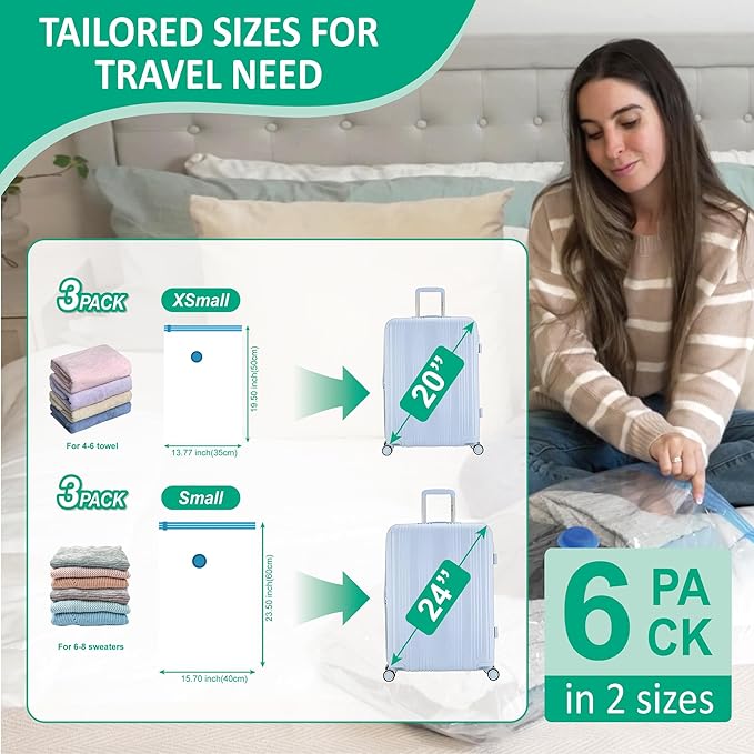 Cozy Essential 6 Pack Travel Vacuum Storage Bags with Rechargeable Wireless Electric Pump for Luggage, Suitcase, Carry-on Size Vacuum Seal Compression Space Saver Bags for Clothes and Clothing Travel