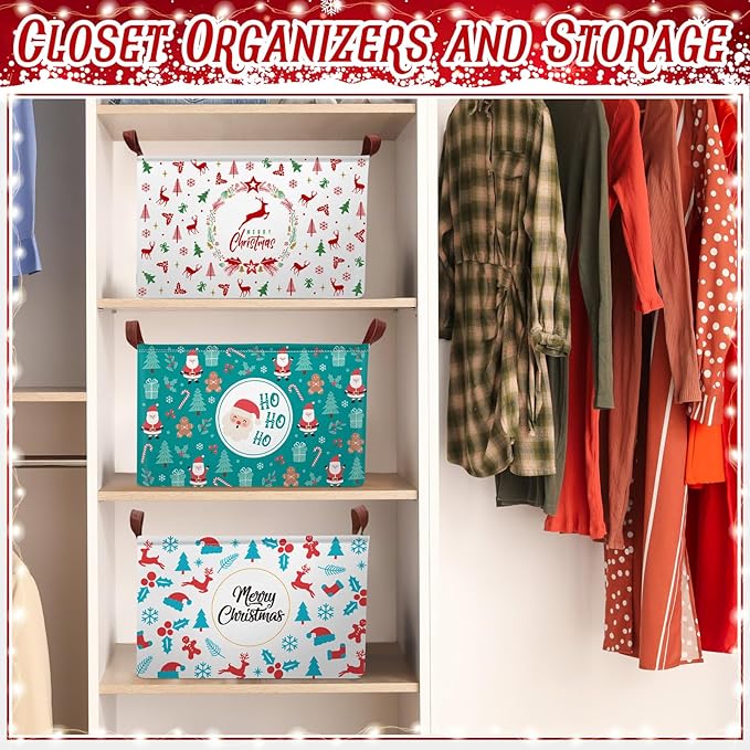 Boao 3 Pack Christmas Storage Baskets for Gifts Empty Collapsible Large Christmas Storage Bins, Xmas Canvas Laundry Basket with Handle for Office Home Bedroom Clothes Toys Holiday Decor
