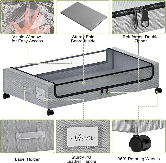 Under Bed Storage with Wheels, XXL 60L Under the Bed Storage Bins, Underbed Storage Containers with Lids & Label, Rolling Metal Drawer for Shoes, Clothes, Books, Toys (2-Pack Gray)