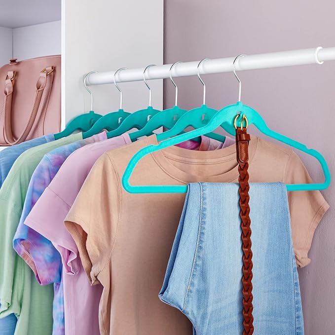 Juvale Velvet Clothes Hangers with Cascading Hooks - Anti-Slip Stackable Velvet Hangers - Mini Hanger Hooks for Layering - Pack of 50, 17.5 in, Teal