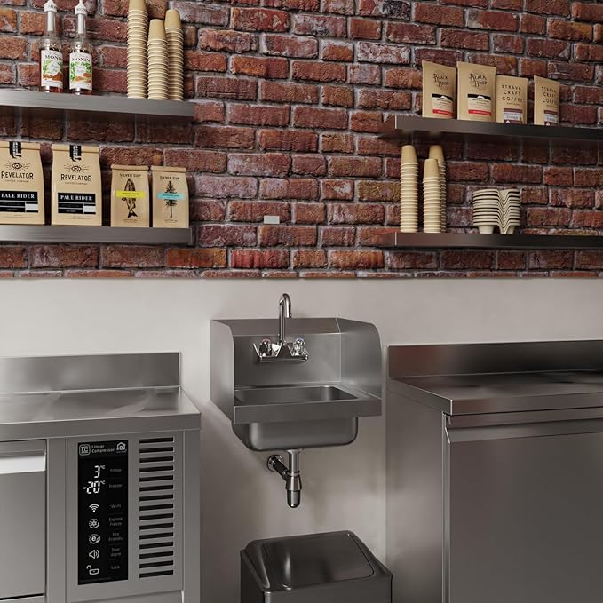 15 in. x 15 3/4 in. NSF Certified Stainless Steel Hand Sink with Side Splash Guards- Commercial Wall Mount Hand Basin with Faucet. Ideal for Restaurants, Bars, Kitchens, and Stores