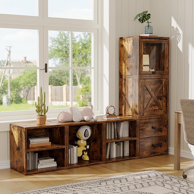FUSUNBAO Magic DIY Cube Storage Organizer Stackable Cubes for Home Books Clothes Toy-Modular Cubby Storage System-Office Cubical-Bookcase Closet (Antique Brown, Door Cube)