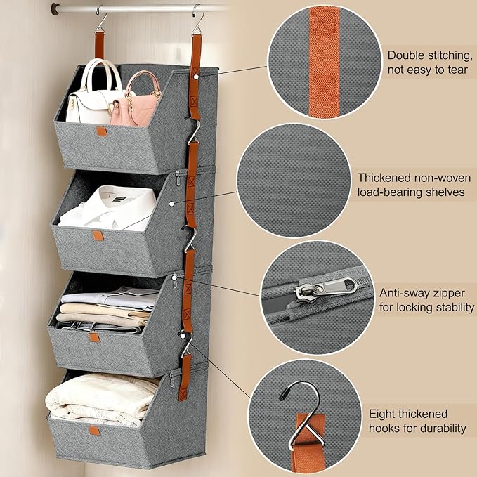 4 Tier Hanging Closet Organizer with Socks Storage Mesh Bag - Space Saving Storage Shelves for Closet, Wardrobe, Fabric Storage Bins for Dorm Rooms, Bedroom (Grey)
