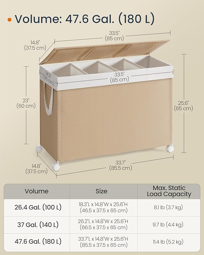 SONGMICS HOME Laundry Hamper with 4 Section, 180 L Large Rolling Laundry Basket with Wheels, Rattan Clothes Basket with Lid, Removable Liner with Handles, Natural Beige and Matte White ULCB603N01