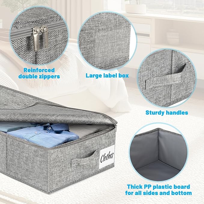 Under Bed Storage Container Bins 2 Pack, 4 Inch Thin Low Profile Underbed Clothes Storage Organizer for Dorm & Home, Use for Blanket and Toy Storage Box W/ Sturdy Bottom/Sides, Foldable Thick Fabric