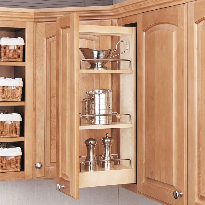 Rev-A-Shelf 5" Pull Out Storage Organizer for Wall Kitchen Cabinets, Sliding Adjustable Shelves for Spice Rack or Cans, Wood & Chrome, 448-WC-5C
