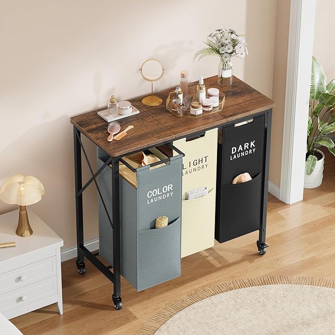 3 Section Laundry Sorter with Ironing Board, Laundry Hamper with Removable Bags, Heavy-Duty Rolling Laundry Cart with Lockable Wheels for Bathroom Bedroom