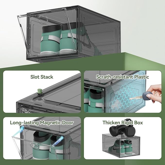 ALCCB Thicken Hard Clear Shoe Storage Organizer for Closet, 12 Pack Modular Plastic Stackable Shoe Storage Box Organizer, Shoe Sneaker Rack Display Case Containers Bins with Lids, Grey