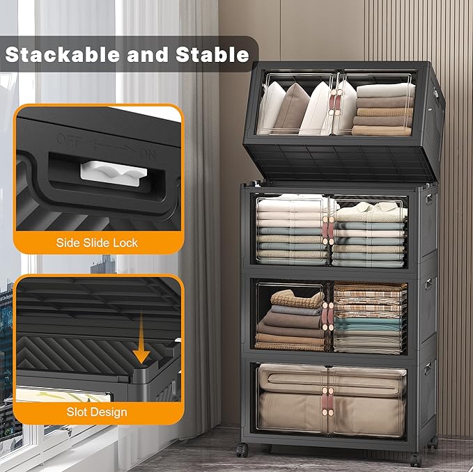 Extra Large Stackable Storage Bins with Lids & Wheels & Door,Foldable Collapsible Closet Organizers, Plastic containers drawers for bedroom Dorm (Dark-120qt, 4Pack with 1 top lid)