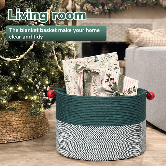 Goodpick Large Storage Basket 22" x 14", Woven Baby Storage for Blanket Living Room, Laundry Organizer for Clothes, Toys, Christmas Basket for Gifts, Green