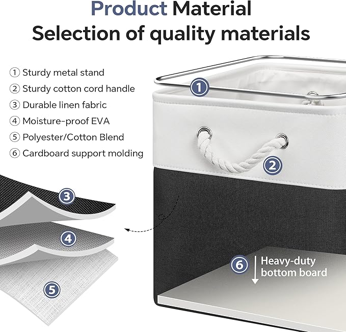 13x13 Inch Cube Storage Bins with Reinforced Bottom Cardboard, 6 Pack Large Foldable Fabric Storage Cubes with Handles for Shelf, Closet, Laundry Organization (White&Black)