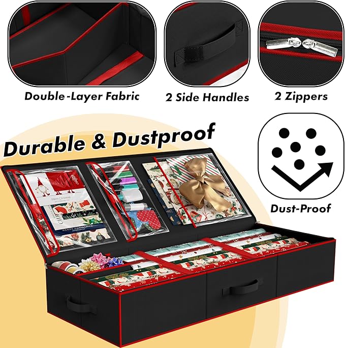 Simple Houseware 41.5" Wrapping Paper Storage Organizer - Fits 40 Rolls with Adjustable Straps, Interior Divider for Ribbons & Bows, 3 Clear Pockets for Gift Bags & Tools, 41.5''L x 16''W, Black