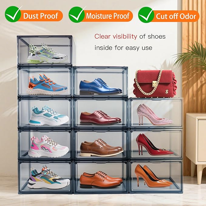 12 Pack Shoe Boxes Size 13 Acrylic Shoe Organizer Clear Storage Box Plastic Stackable Sneaker Display Case with Magnetic Lids