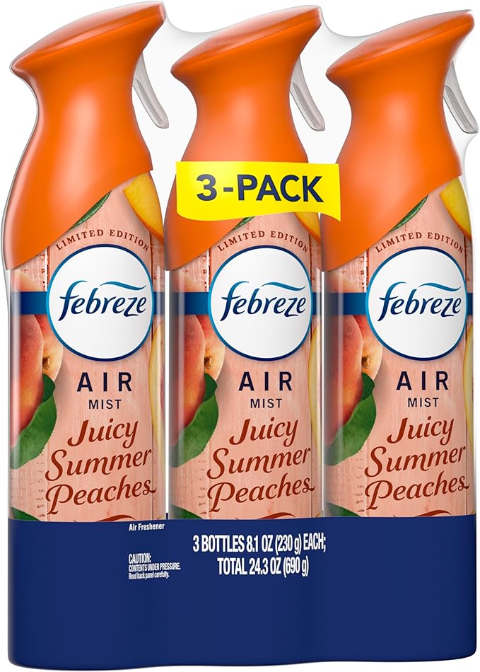 Febreze Air Mist, Air Freshener Spray, Odor Fighting Room Spray, Deodorizer for Home Bathroom Kitchen Office Apartment Dorm Room Classroom, Juicy Summer Peaches Scent, 8.1oz (Pack of 3)