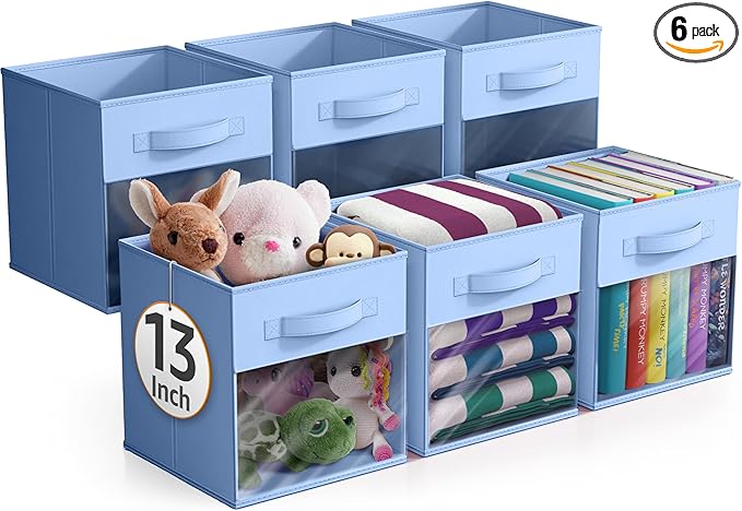 Sorbus 13 Inch Storage Bins with Clear Window - 6 Foldable Baskets for Organizing Clothes, Toys, Books - Sturdy Collapsible Fabric Storage Cubes with Handle - Storage Baskets for Shelves, Closets