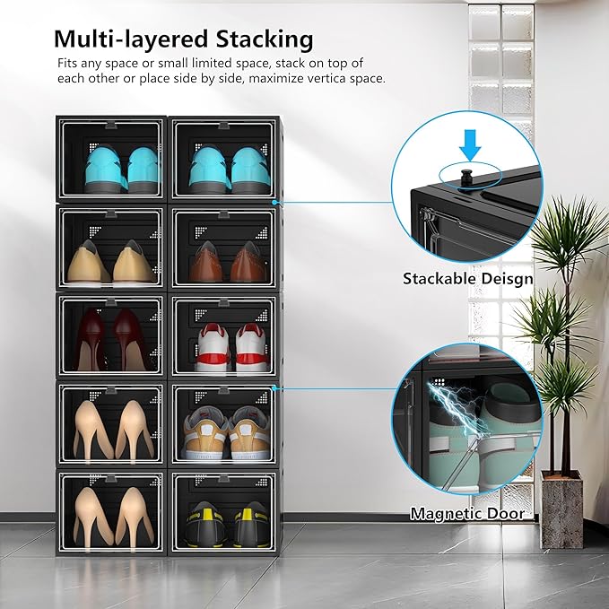 MCIJRJOI 12 Pack Hard Sturdy Thickened Rigid XX Large Shoe Storage Organizer for Closet, Clear Stackable Sneaker Shoe Boxes Rack Containers Display Case Bins with Lids, Black03